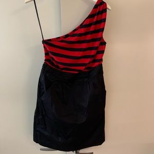Red and navy striped one-shoulder dress